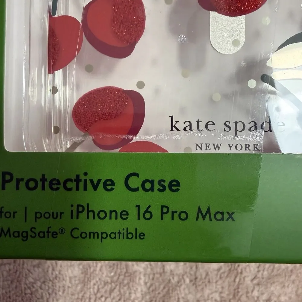 Kate Spade iPhone 16 Pro Max Case MagSafe Cherry Polka Dot Glitter Clear New